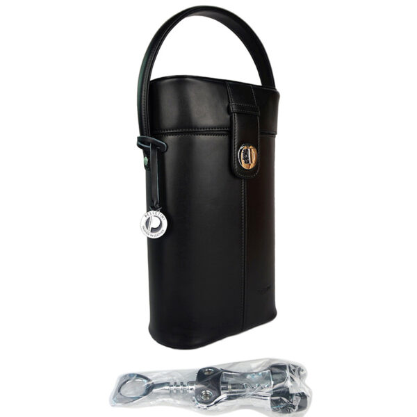 PLC-9387-PO1 Black Real Leather Wine Bottle Carrier Bag